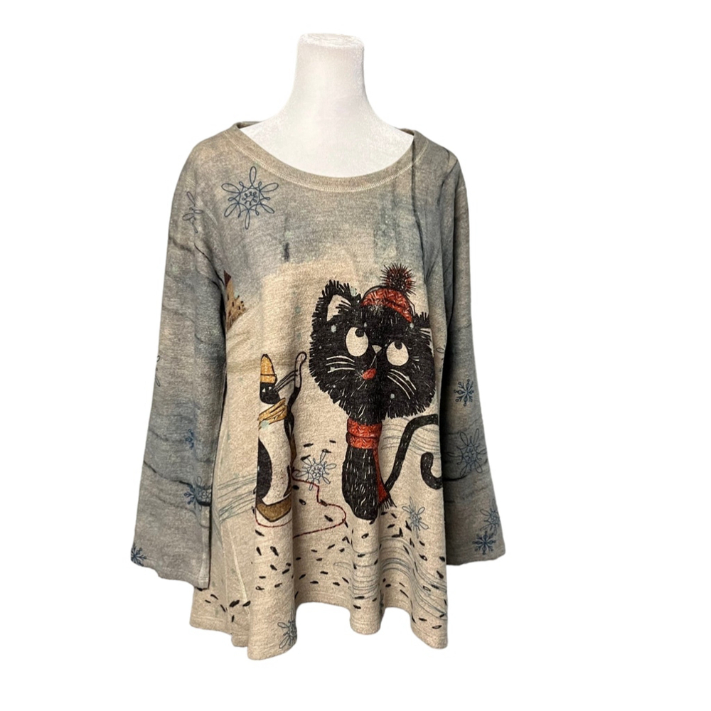 Cat Print Women's Sweater - Picture 2 of 8